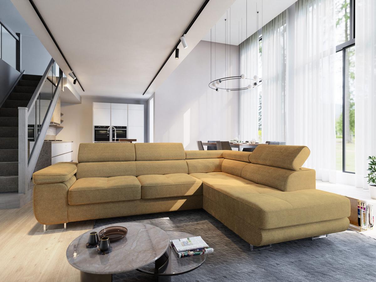 ECKSOFA APIRO R-S Gelb Kordstoff mit Schlaffunktion - Gelb/Silberfarben, Holz/Textil (276/202cm) - MASSENO