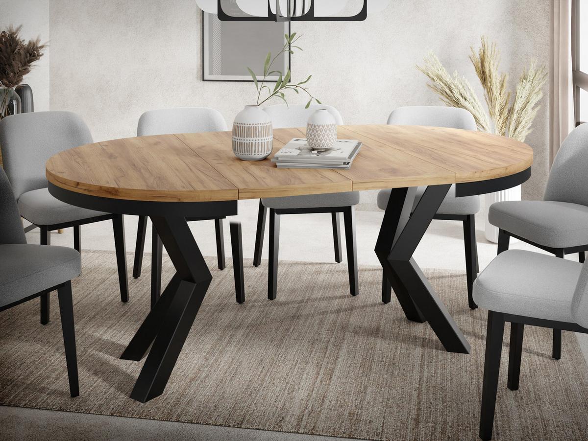 ESSTISCH Clara runder ausziehbarer, Craft Eiche 100-180/100/76 cm - Eiche Wotan/Schwarz, Holzwerkstoff/Metall (200/100/76cm) - WFL GROUP