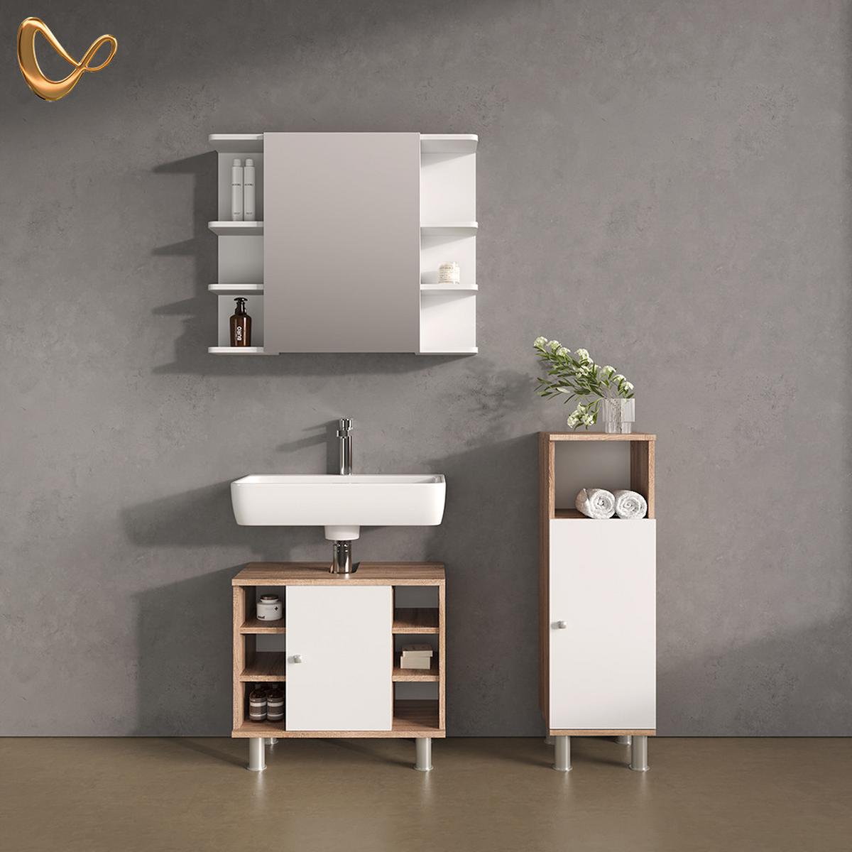 BADMÖBEL-SET Fucino Sonoma 3 Teile, mit Midischrank - Sonoma Eiche, Holzwerkstoff (60/54/32cm) - Livinity®