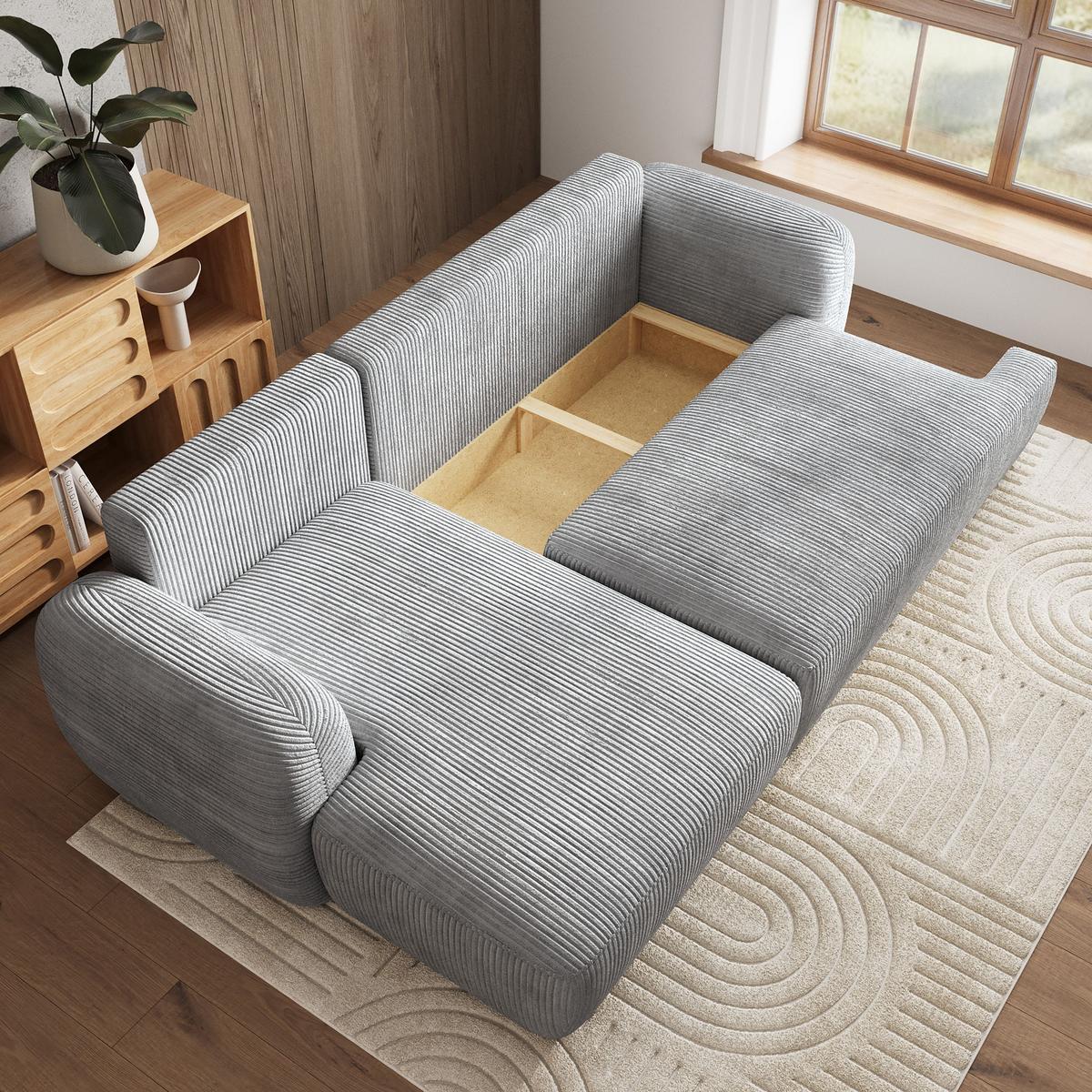 ECKSOFA MODENZA P L-S Hellgrau Kordstoff mit Schlaffunktion - Hellgrau/Schwarz, Holz/Kunststoff (266/148cm) - MASSENO