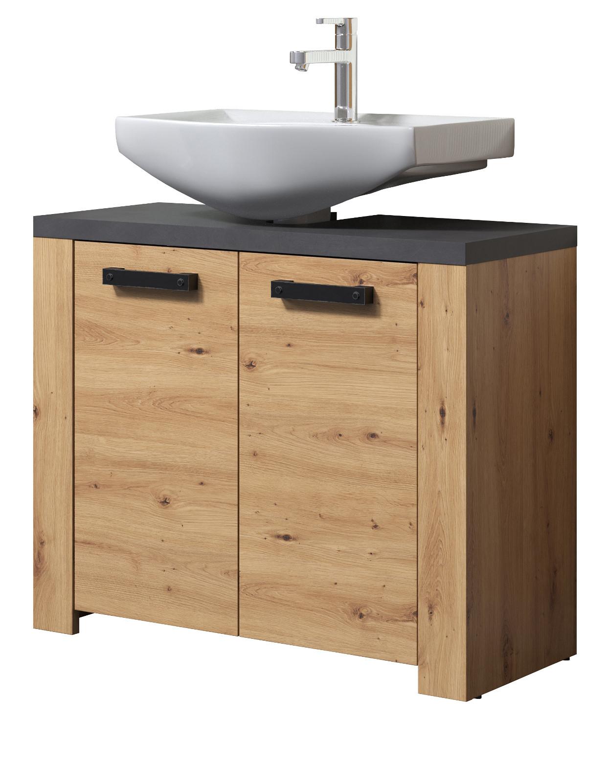 WASCHBECKENUNTERSCHRANK Eiche Artisan, grau 79 x 67 cm, Badezimmer Unterschrank 2-türig - Eichefarben/Schwarz, Holzwerkstoff/Kunststoff (35/67/79cm) - Top.Furn