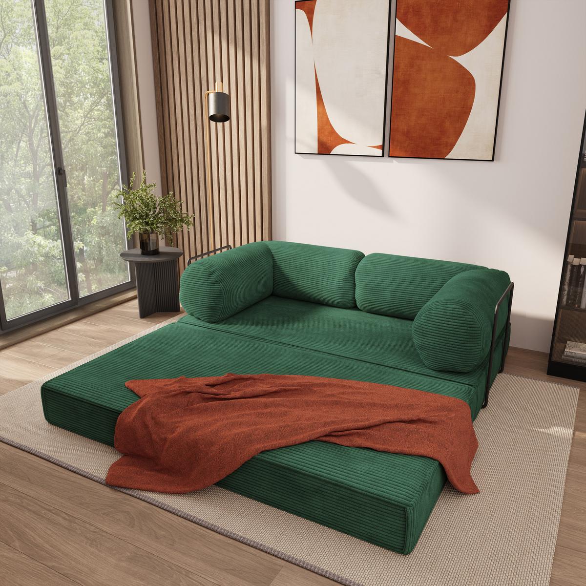 BETTSOFA ALVIO aus Schaumstoff Kordstoff Grün Schlaffunktion - Grün, Textil (170/68/80cm) - MASSENO
