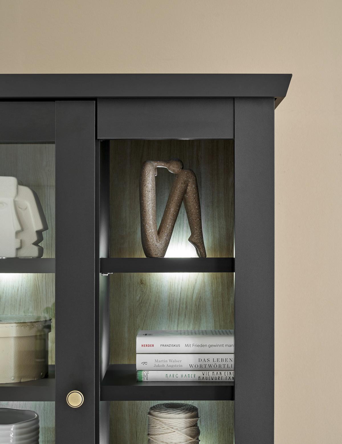 WOHNWAND schwarz matt, Eiche 3-teilig 301 cm, Wohnkombination mit Soft-Close - Eichefarben/Messingfarben, Glas/Holzwerkstoff (301/200/42cm) - Furn.Design