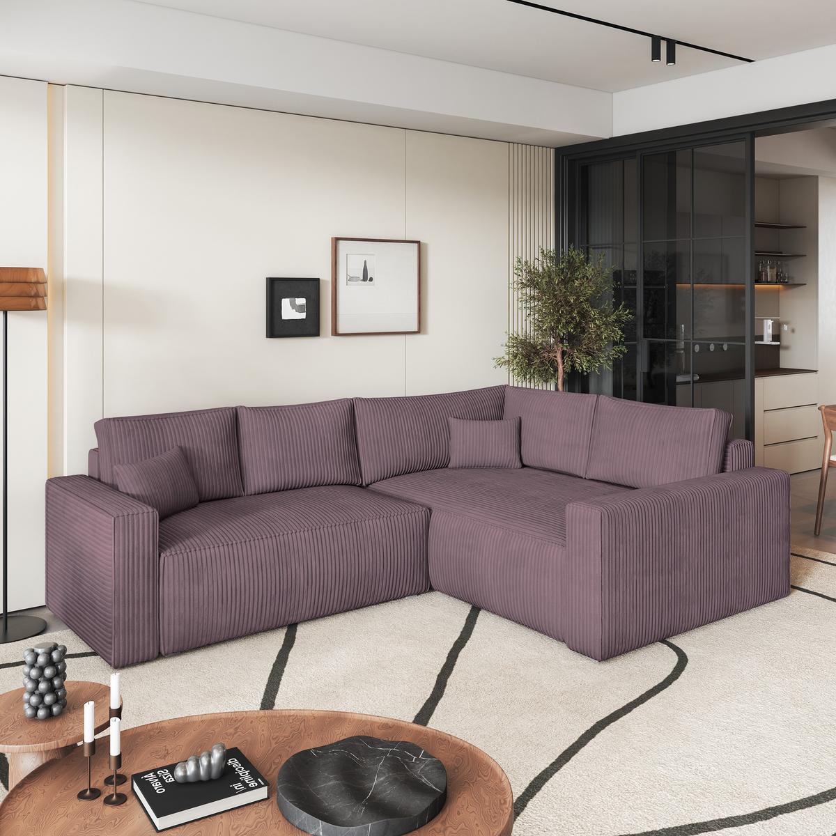 ECKSOFA ERONIS R-S Lila Kordstoff mit Schlaffunktion - Lila, Holz (265/194cm) - MASSENO