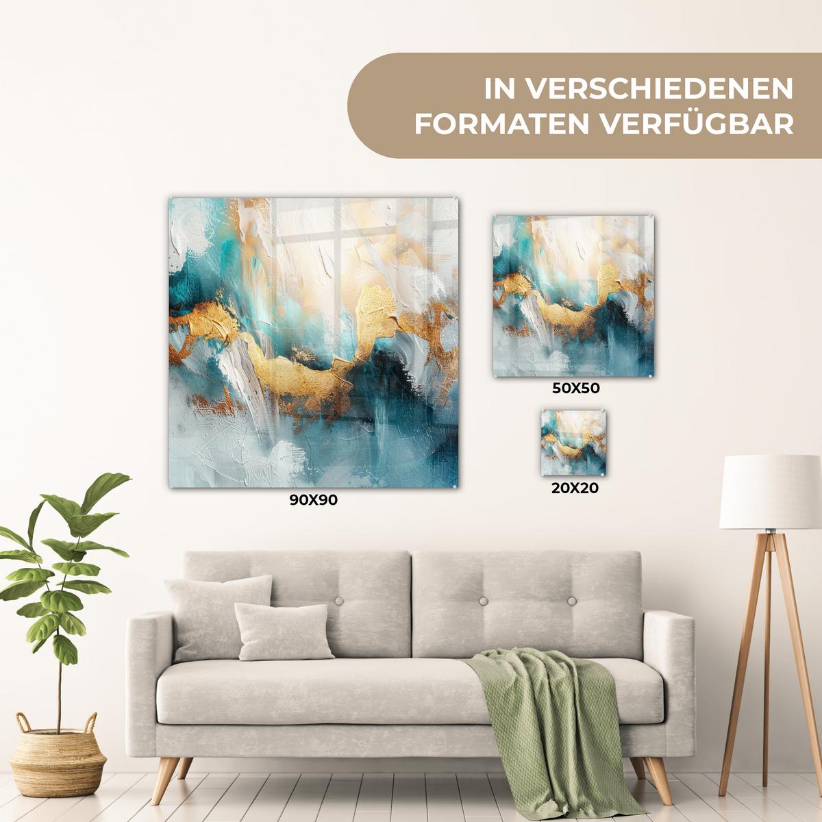 ACRYLGLASBILD Abstrakt - Kunst - Gold - Blau 50x50 cm - Petrol, Glas (50/50cm) - MuchoWow