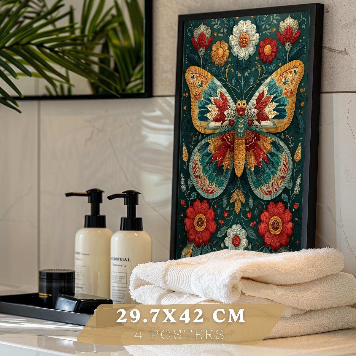 POSTER 4er-Set farbenfrohe Kunstdrucke im Folk-Art-Stil, Tiere und Blumen-Dekorationsbilder, im botanischen Stil für Wohnzimmer Rahmenlos A3 - Klar, Papier (42/29.7/3cm) - Nacnic