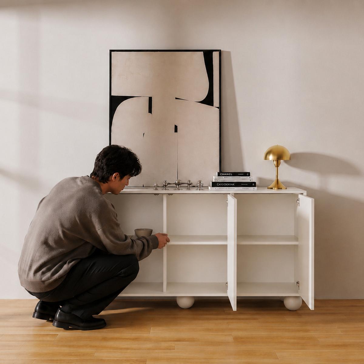 KOMMODE Adel mit 3 Türen und runden Füßen, 154 cm, Griffloss, Weiß - Weiß, Holzwerkstoff (154/81/38cm) - Beautysofa