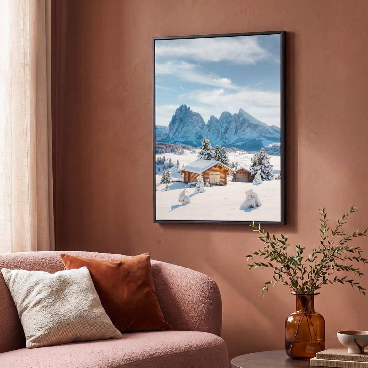 LEINWAND Bilder mit Rahmen - Winter - Hütte - Berge - Aussicht - Schnee - 70x100 - Eichefarben, Textil (70/100cm) - MuchoWow