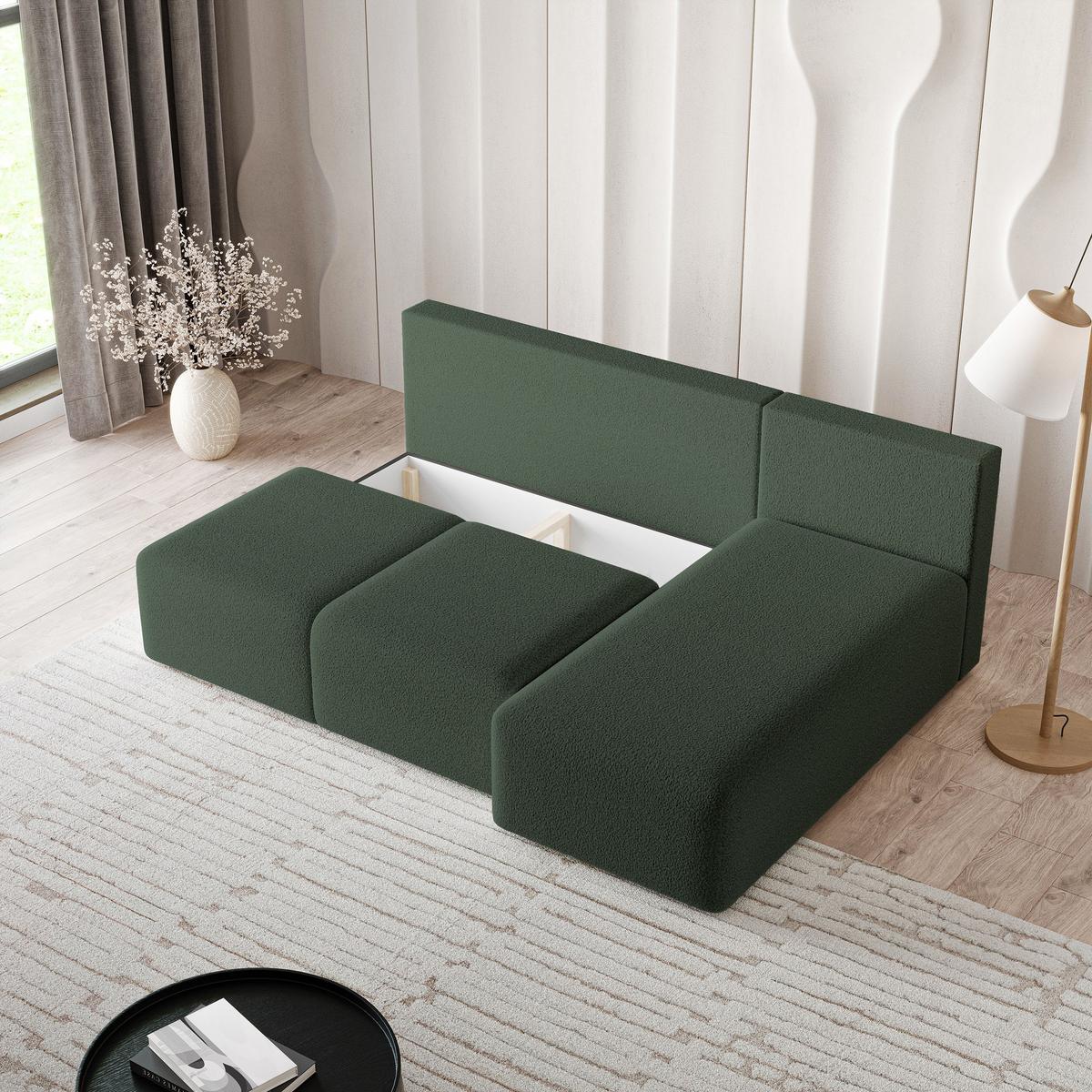 ECKSOFA TRAMA Grün Boucle-Stoff mit Schlaffunktion - Grün, Holz (200/143cm) - MASSENO