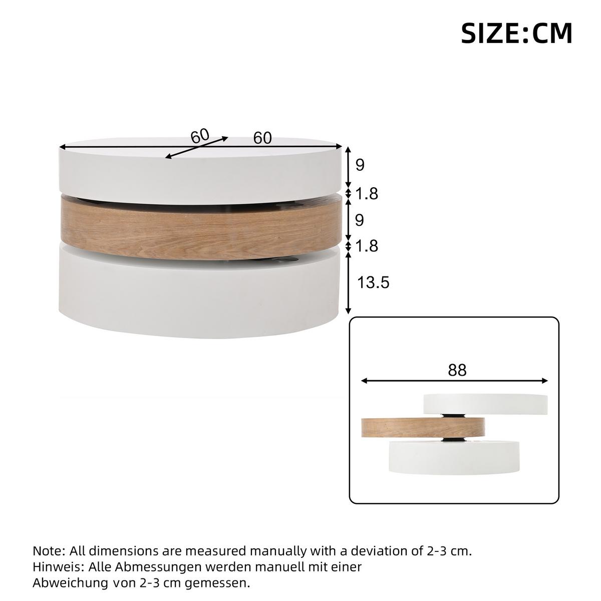 COUCHTISCH Zylindrisch Weiß & Natur 360° Drehbar mit Stauraum - Naturfarben, Holzwerkstoff (60/60/35.1cm) - Urban Meuble