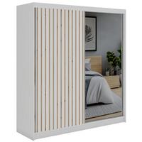SCHWEBETÜRENSCHRANK mit Spiegel LAOS - 200 - Weiß - Eiche Artisan Lamellen - Alufarben/Weiß, Holzwerkstoff/Metall (200/216/61cm) - MKS