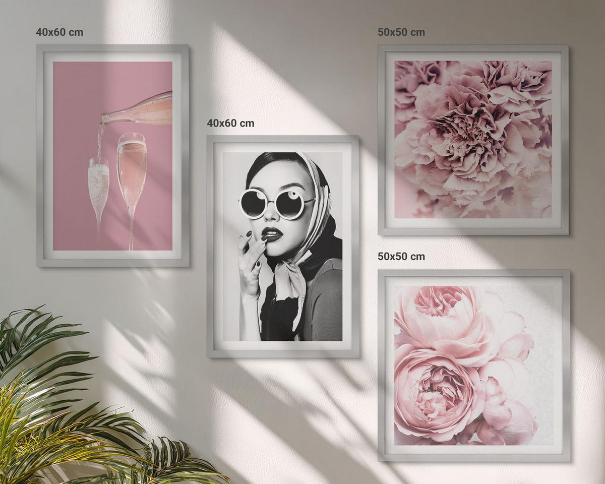 BILDER SET 4er Set - 50x50 cm & 40x60 cm Silberner Rahmen - Blumen, Pfingstrosen, Rosen, Eleganz - Silberfarben, Kunststoff (50/50cm) - TULUP