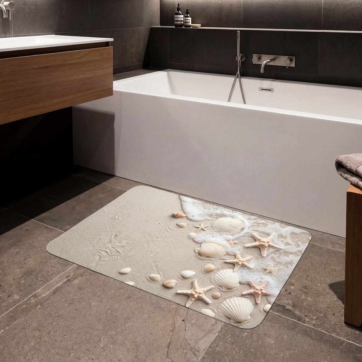BADEMATTE Muscheln - Seesterne - Strand 90x60 cm - Sandfarben/Creme, Textil (90/60cm) - OnlyWow