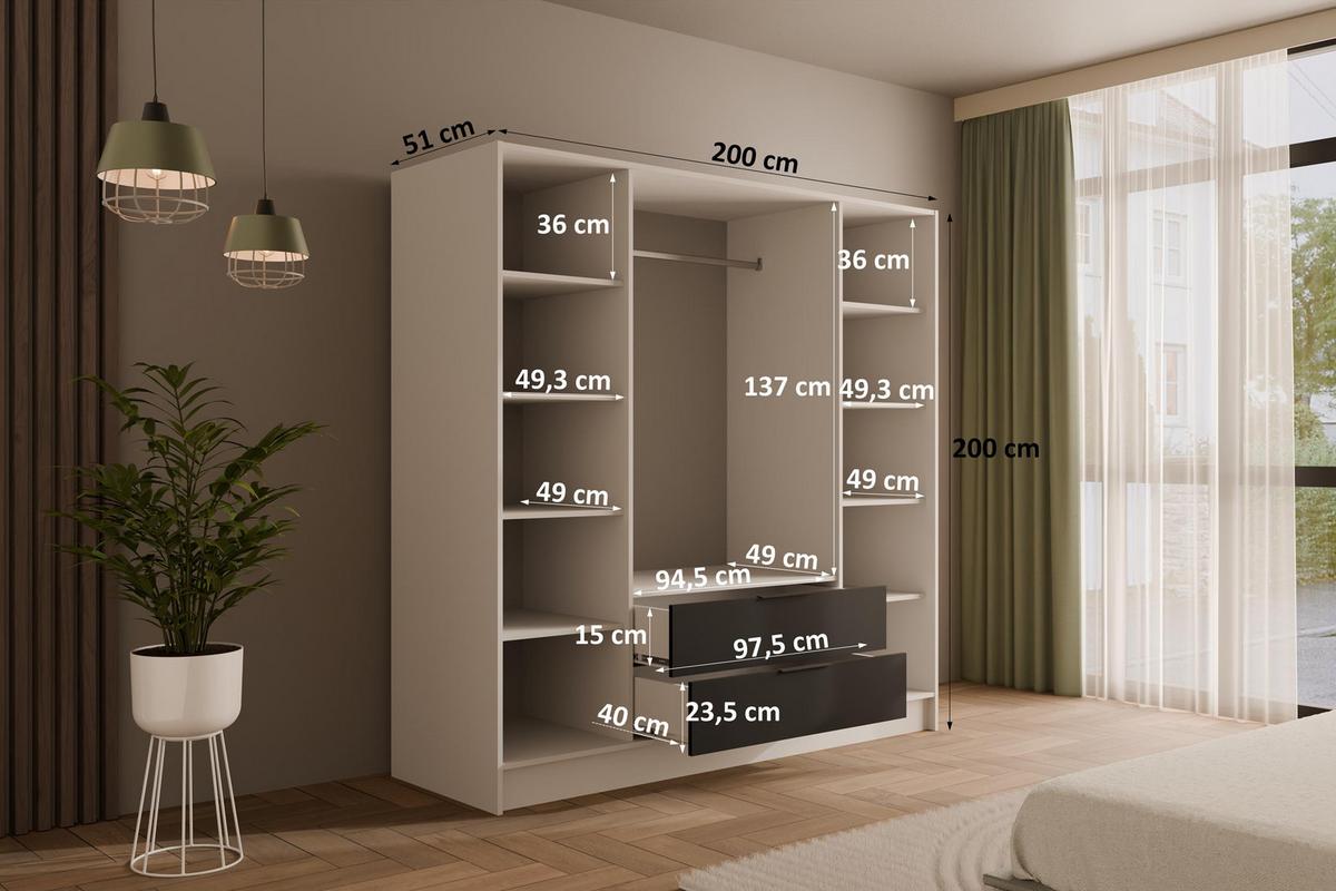 KLEIDERSCHRANK NELIA - 200 cm - Schwarz/Weiß, Holzwerkstoff (200/200/51cm) - ALTDECOR