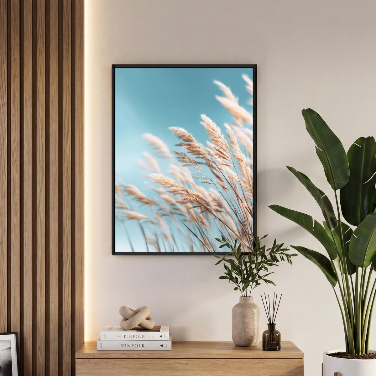 LEINWAND Bilder mit Rahmen - Ziergras - Wind - Hellbraun - 50x70 - Hellblau, Textil (50/70cm) - MuchoWow