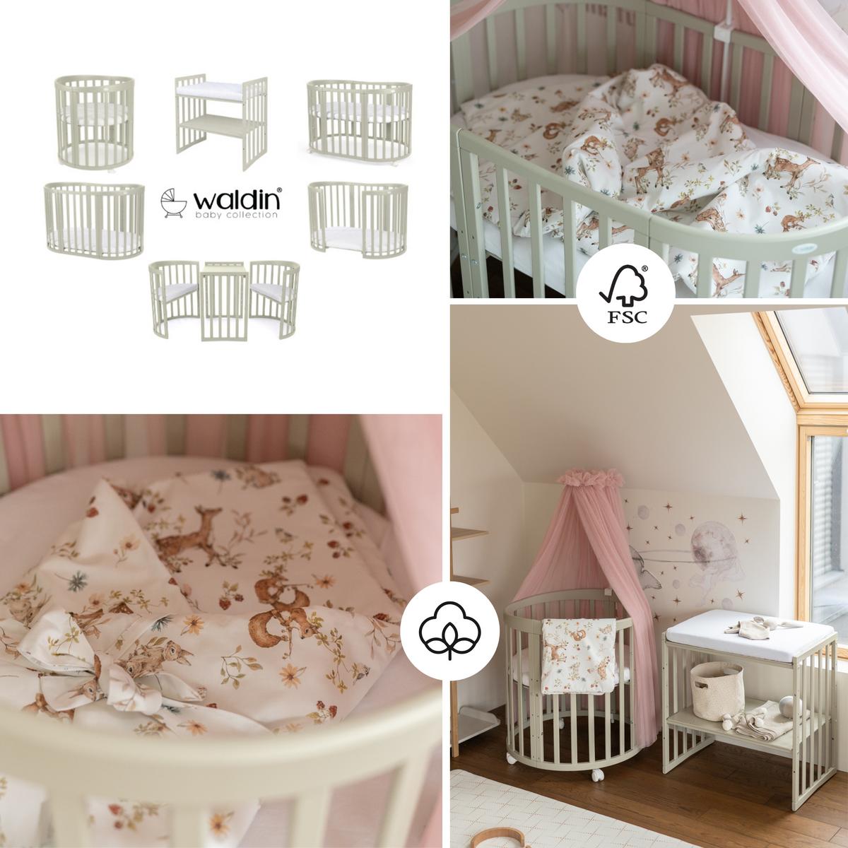 BABYBETT OLIVE OVAL 7in1 mit Matratze und Himmelset - Olivgrün/Rosa, Holz/Textil (73/125cm) - waldin