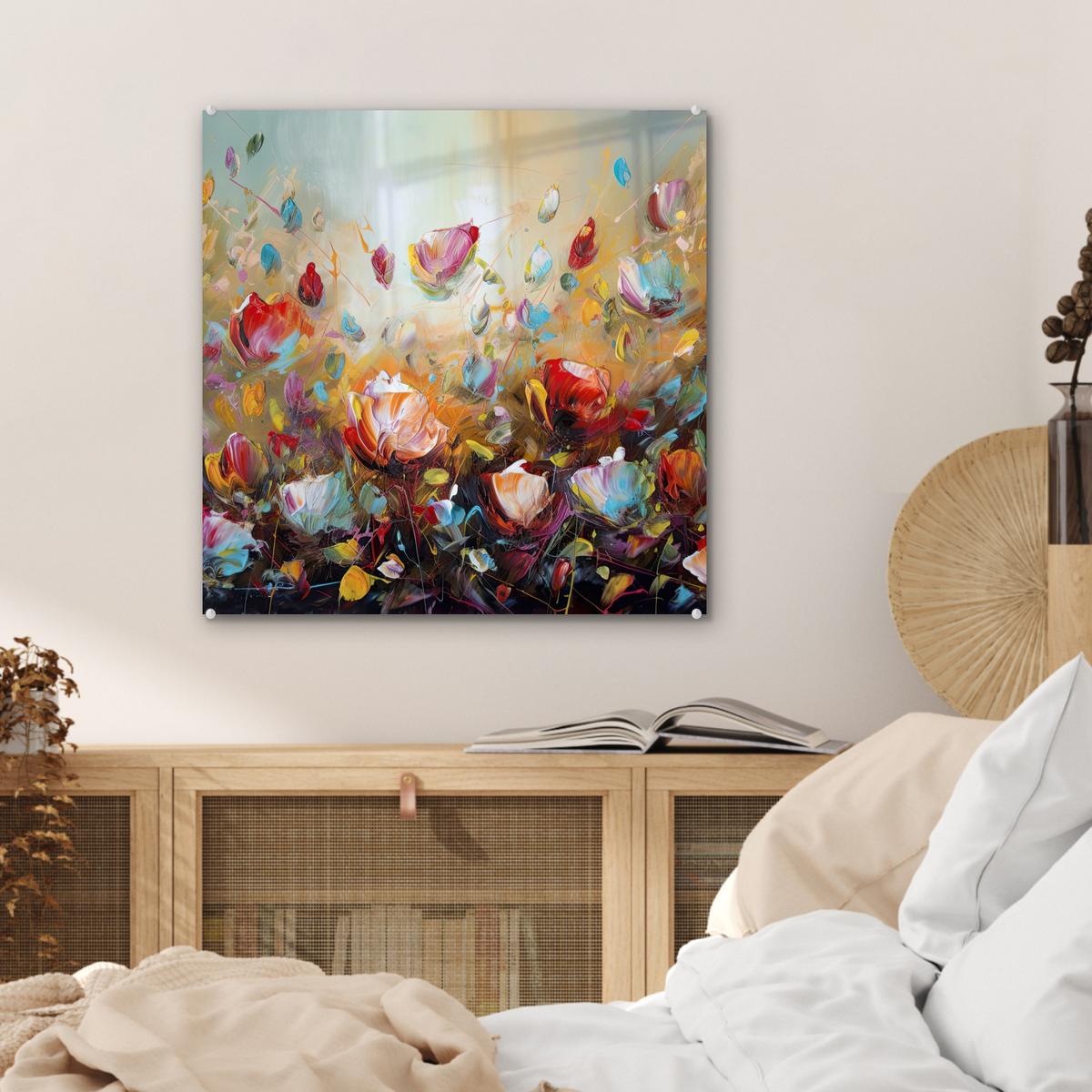 ACRYLGLASBILD Blumen - Kunst - Natur - Ölgemälde 50x50 cm - Multicolor, Glas (50/50cm) - MuchoWow