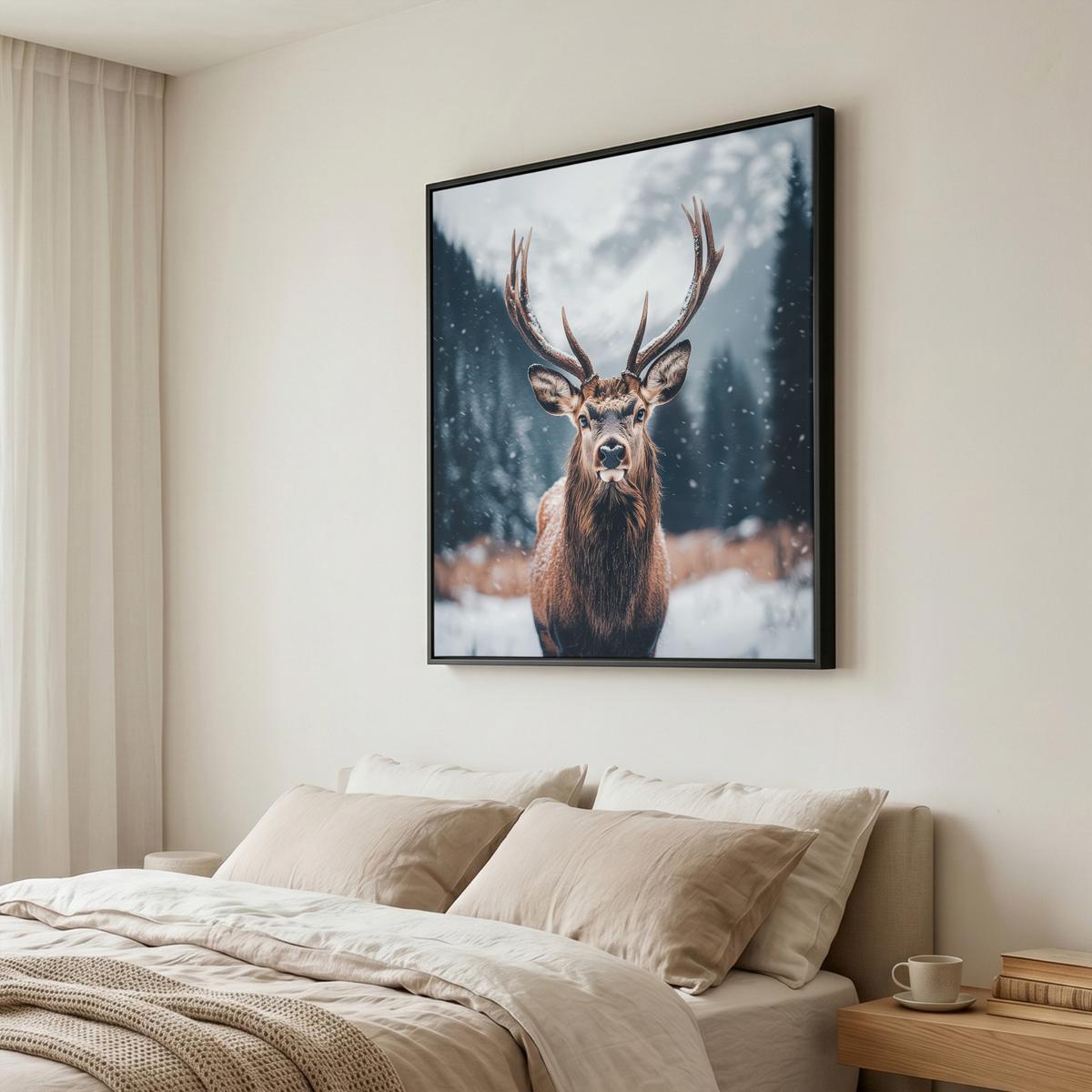 LEINWAND Bilder mit Rahmen - Hirsche - Tiere - Landschaft - Winter - Schnee - 90x90 - Kastanienfarben, Textil (90/90cm) - MuchoWow