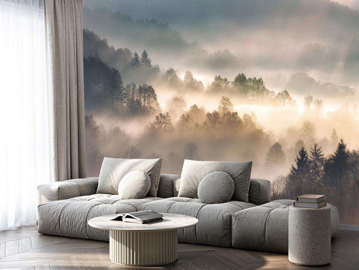 FOTOTAPETE für Wohnzimmer Natur Nebeliger Wald Sonnenaufgang Gebirge 100x70 - Gelb/Creme, Papier (100/70cm) - Muralo
