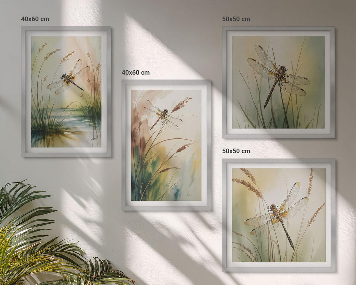 BILDER SET 4er Set - 50x50 cm & 40x60 cm Silberner Rahmen - Libellen im Gras, Wassermalerei - Silberfarben, Kunststoff (50/50cm) - TULUP