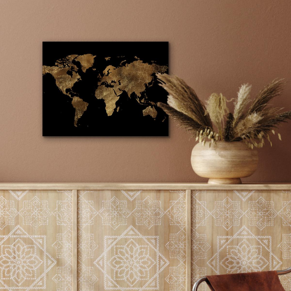 METALLBILD Weltkarte - Gold - Luxus - Erde - Schwarz 40x30 cm - Goldfarben, Metall (40/30cm) - MuchoWow