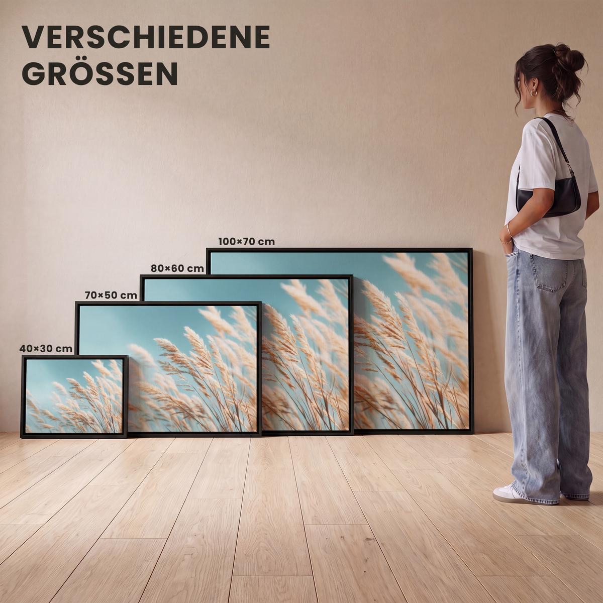 LEINWAND Bilder mit Rahmen - Ziergras - Wind - Hellbraun - 70x50 - Hellblau, Textil (70/50cm) - MuchoWow