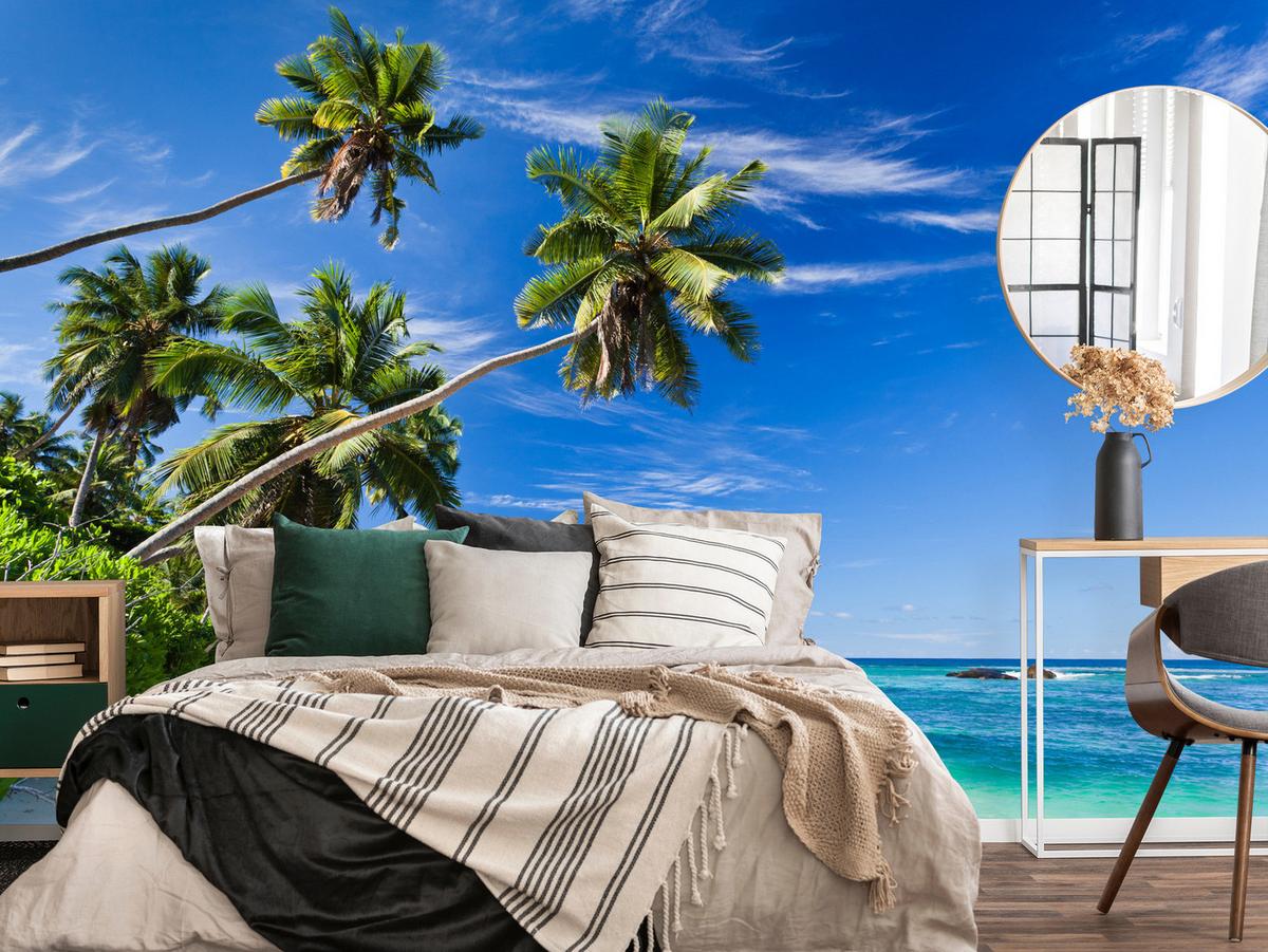 FOTOTAPETE Strand Ozean Palmen Landschaft 3D 300x210 - Türkis/Blau, Papier (300/210cm) - Muralo