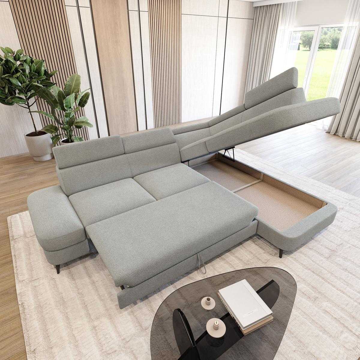 ECKSOFA AVISE Q R-S Hellgrau Boucle-Stoff mit Schlaffunktion - Hellgrau, Holzwerkstoff/Textil (268/195cm) - MASSENO