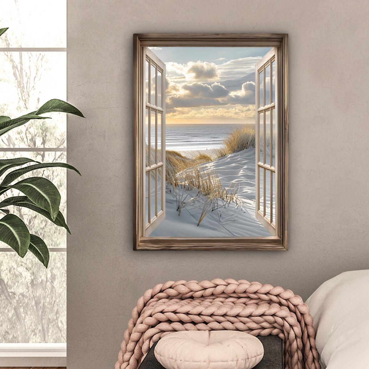 LEINWANDBILD Ausblick - Strand - Dünen - Meer - Natur Wandbild Wohnzimmer 60x80 cm - Sandfarben, Textil (60/80cm) - MuchoWow