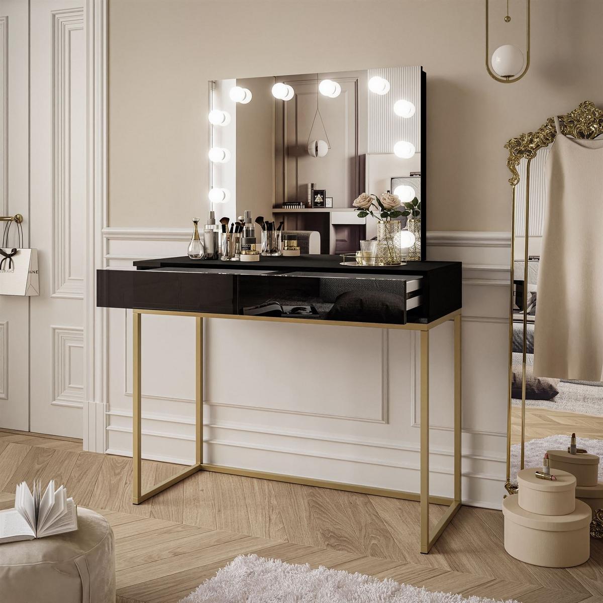 SCHMINKTISCH BLANCO GOLD ELITE mit Spiegel und Beleuchtung Schwarz Hochglanz PUSH OPEN - Schwarz Hochglanz/Goldfarben, Holzwerkstoff (100/146/42cm) - Lookway