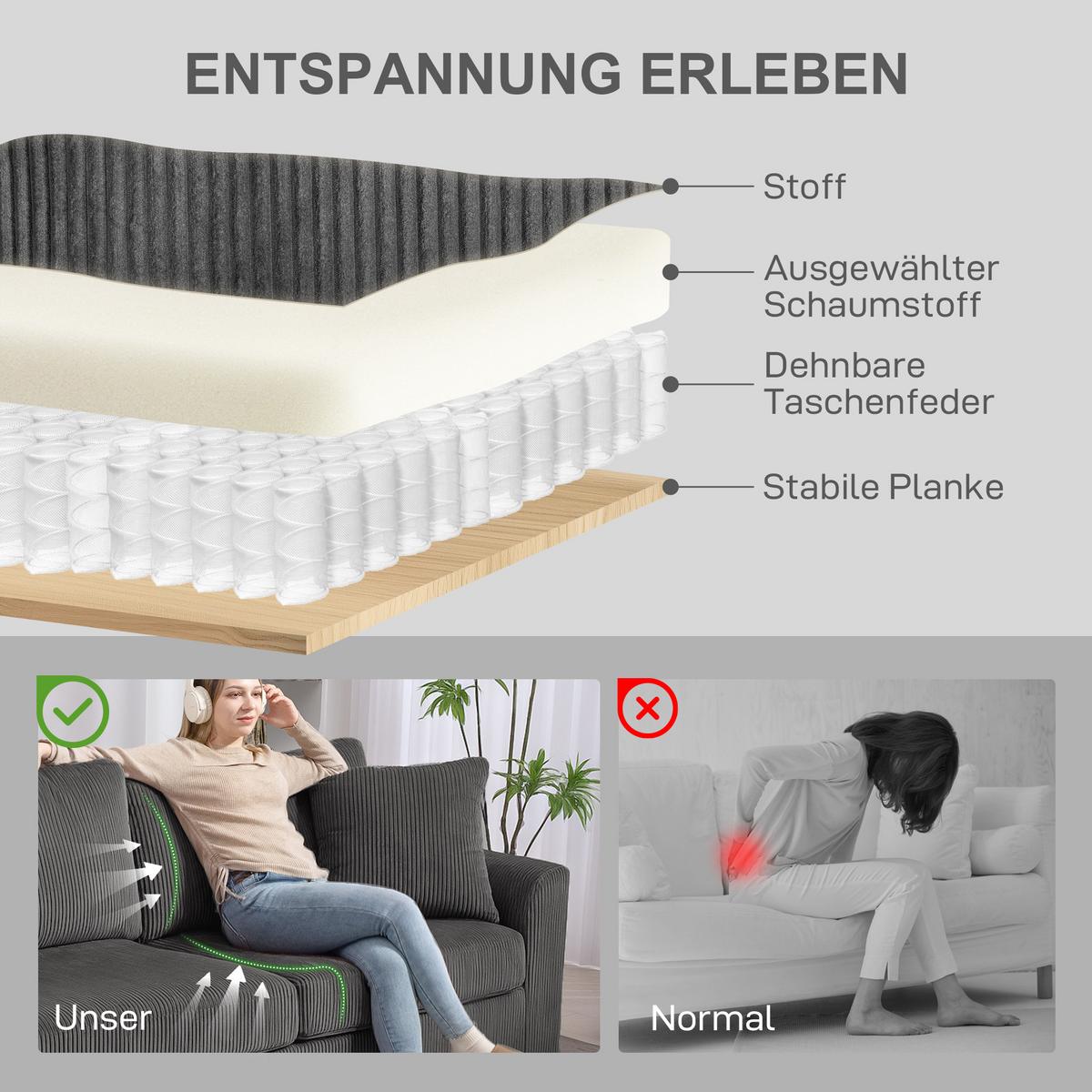 3-SITZER-SOFA, Couch mit Armlehnen, Zierkissen, Polstersofa mit Cordbezug, Grau - Dunkelgrau/Schwarz, Kunststoff/Textil (80/88/212cm) - HOMCOM