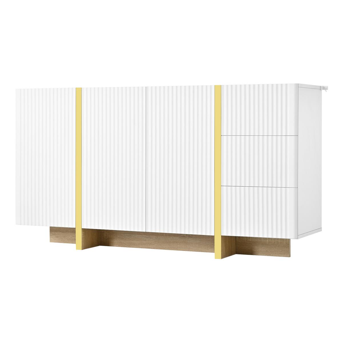 SIDEBOARD Weiß 140cm Rillenfront mit 3 Türen 3 Schubladen & Gold-Details - Weiß, Holzwerkstoff (140/75/36cm) - Urban Meuble
