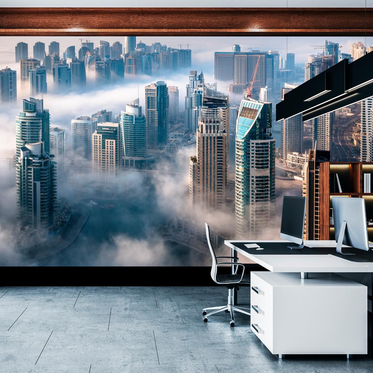 FOTOTAPETE für Büro Dubai Nebel Wolkenkratzer Skyline Panorama 400x280 - Blau/Beige, Papier (400/280cm) - Muralo