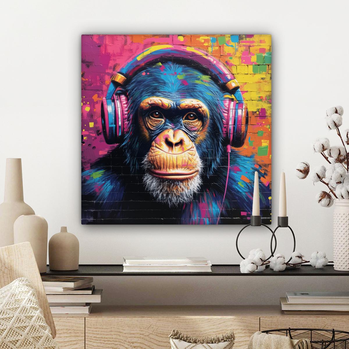 LEINWANDBILD Graffiti - Schimpanse - Straßenkunst - Kopfhörer - Affe Wandbild Wohnzimmer 50x50 cm - Blau, Textil (50/50cm) - MuchoWow