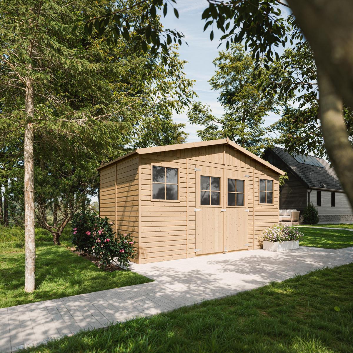HOLZ-GARTENHAUS MIT IMPRÄGNIERTEM BODEN - H246 x 418 x 220 cm/ 8 m² - M332+332G - Beige, Holz (418/252/199cm) - Timbela