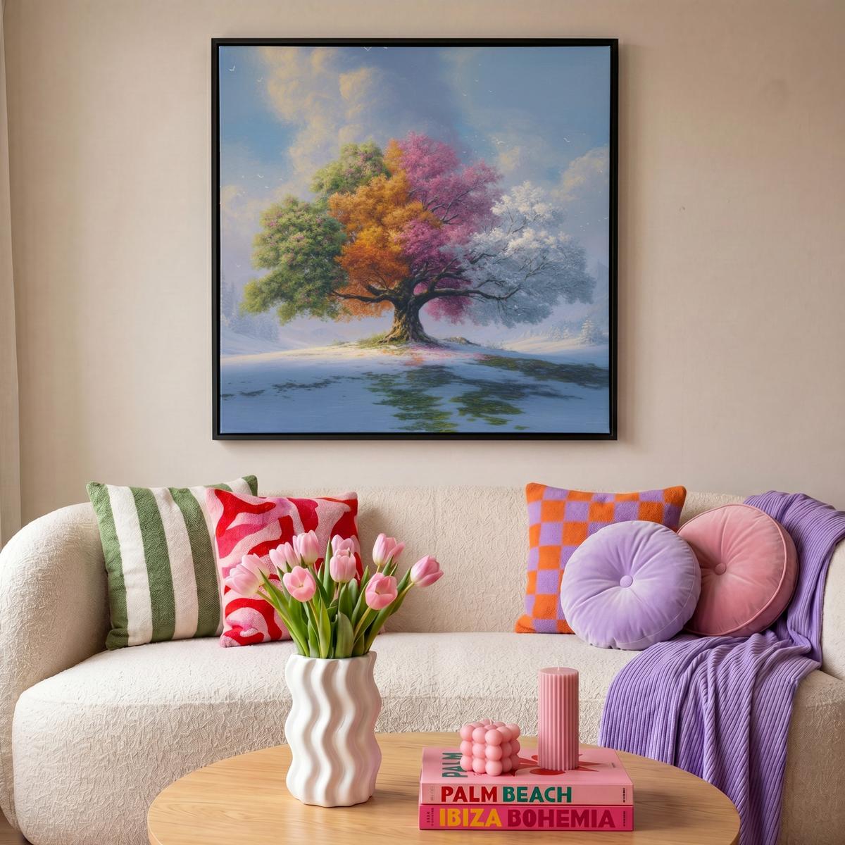 LEINWAND Bilder mit Rahmen - Baum - Jahreszeiten - Winter - Landschaft - 90x90 - Multicolor, Textil (90/90cm) - MuchoWow