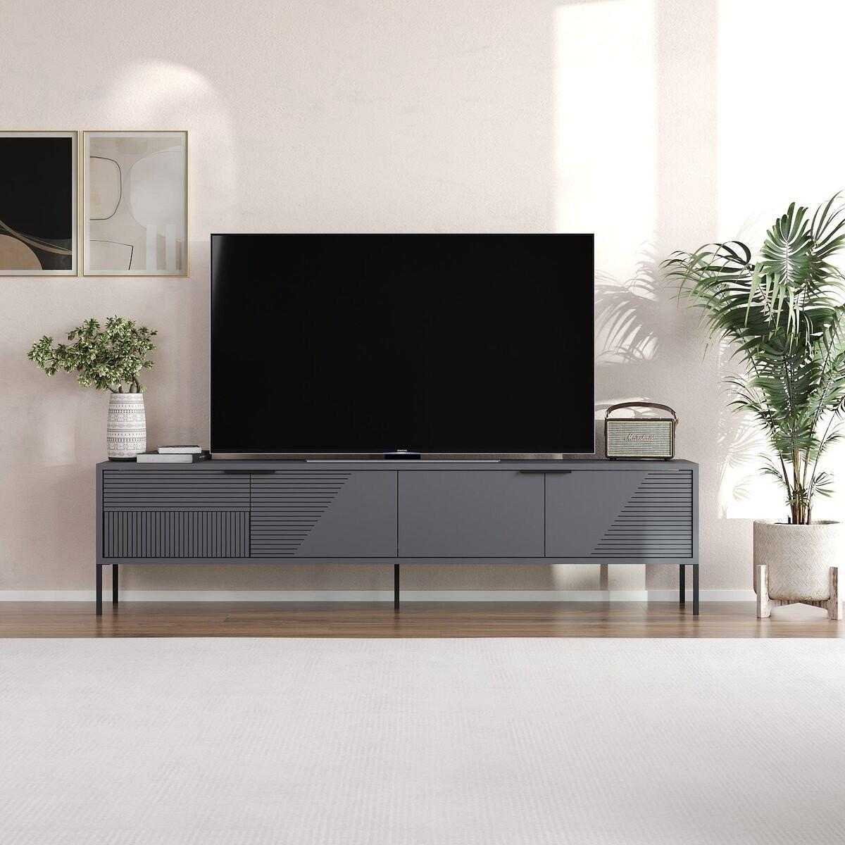 TV-MÖBEL auf Füßen mit 2 klappbaren, gerippten Türen 30/180/45 cm - Anthrazit, Holzwerkstoff (30/45/180cm) - Calicosy