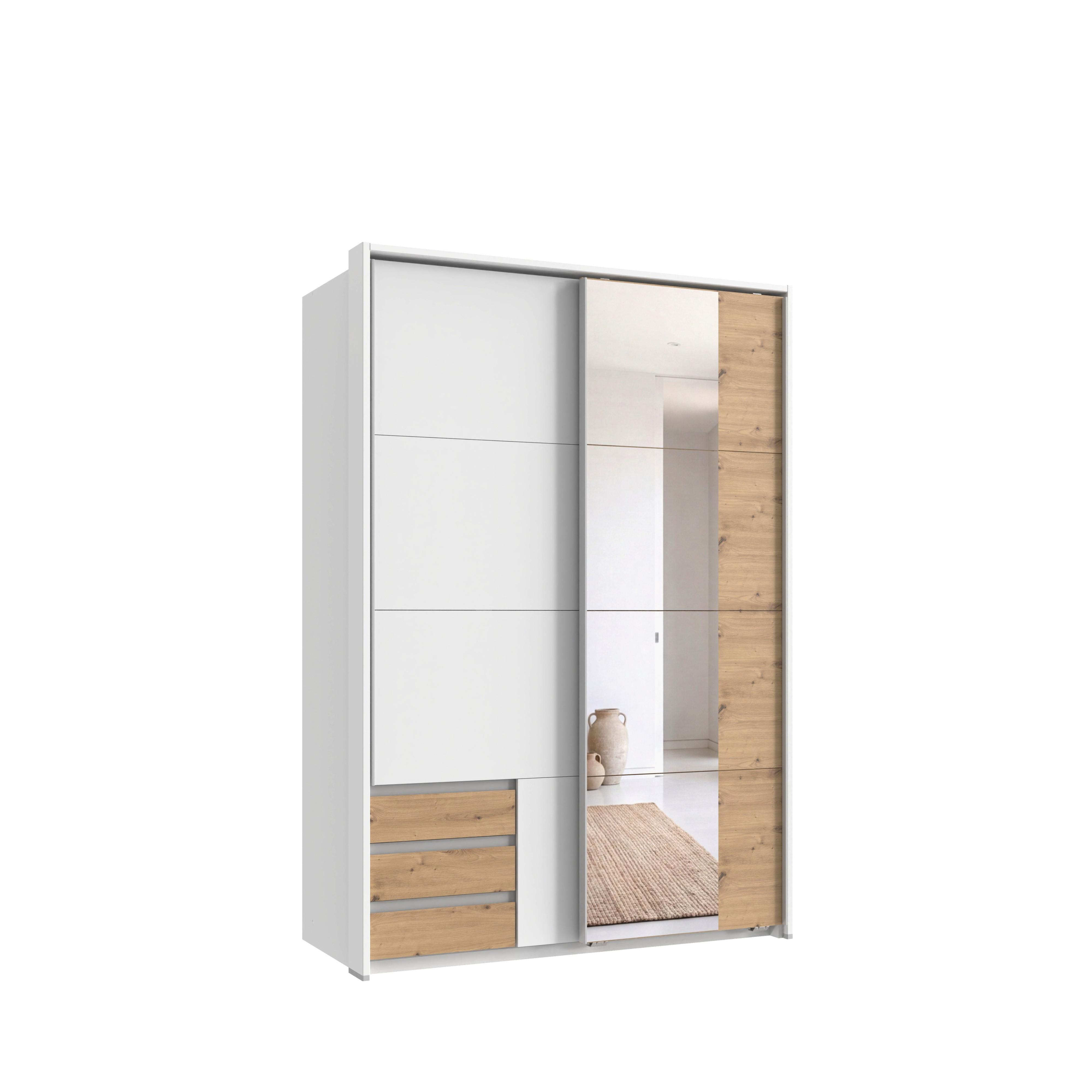 SCHWEBETÜRENSCHRANK 2-türig B138/H200/T65 cm, Passepartout-Kleiderschrank in Weiß mit Spiegel, 1x Tür & Schubkästen in Eiche Artisan Dekor / 22683 - Eichefarben/Alufarben, Holz/Holzwerkstoff (138/200/65cm) - luma-home