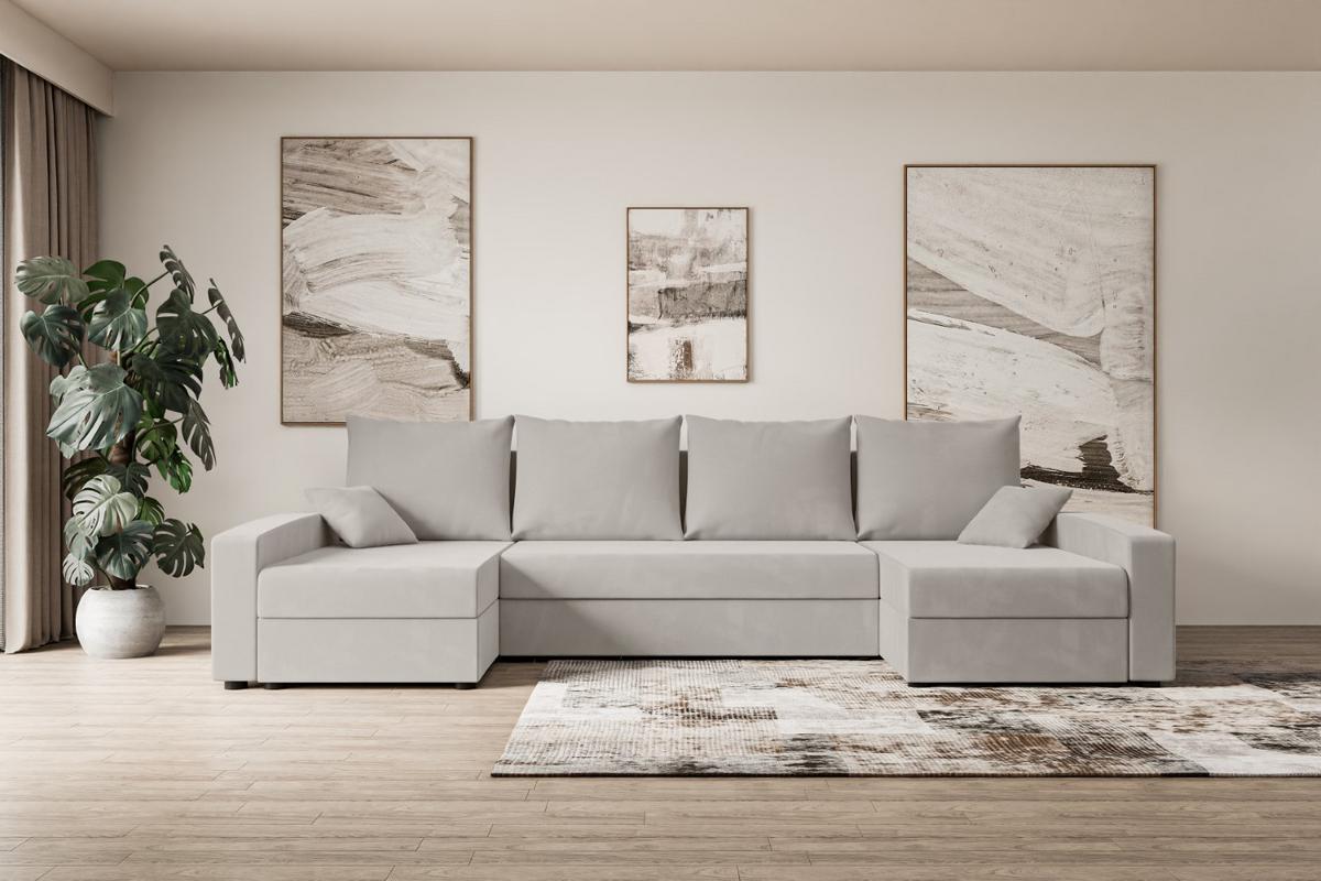 WOHNLANDSCHAFT mit Schlaffunktion und Bettkasten ALESIA-U 301x140x90 cm Hellbraun Velours - Hellbraun/Silberfarben, Holzwerkstoff/Kunststoff (301/90/140cm) - ALTDECOR