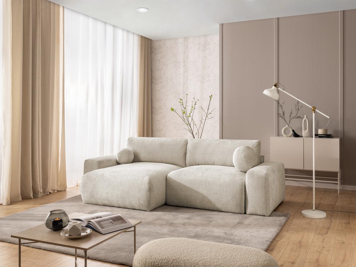 ECKSOFA Puffy mit Schlaffunktion und Bettkasten - besonders weich und puffig aus Beige Chenille-Stoff - Ottomane links - Beige/Creme, Holz/Kunststoff (138/266cm) - S-Style Möbel