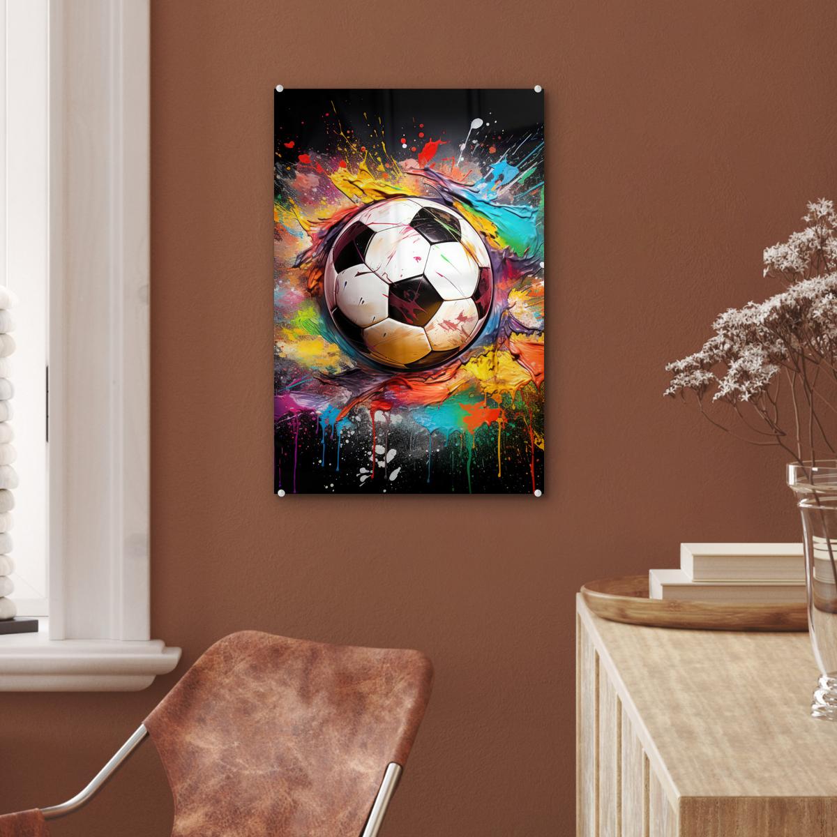 ACRYLGLASBILD Fußball - Farbe - Farben - Schwarz - Weiß Wanddeko Wohnzimmer 40x60 cm - Weiß, Glas (40/60cm) - MuchoWow