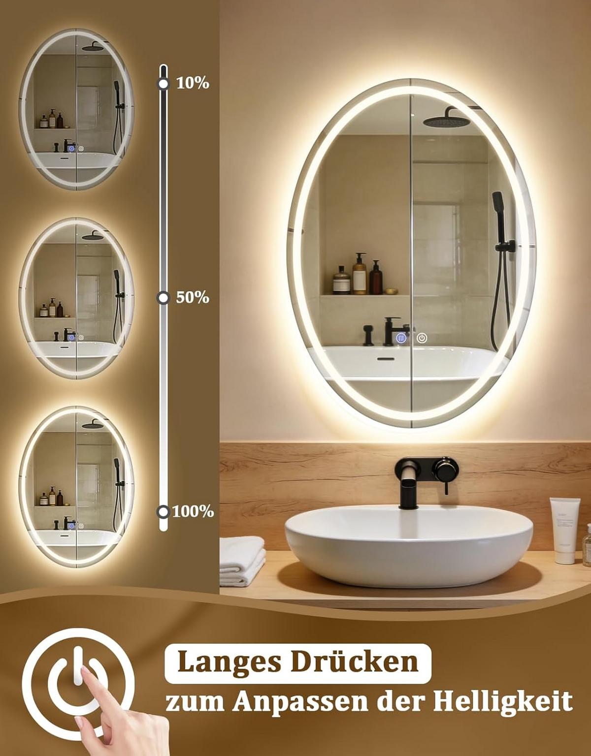 BADSPIEGEL mit Beleuchtung Kerenor 3/50/70 cm - Weiß, Glas (50/70/3cm) - ZMH