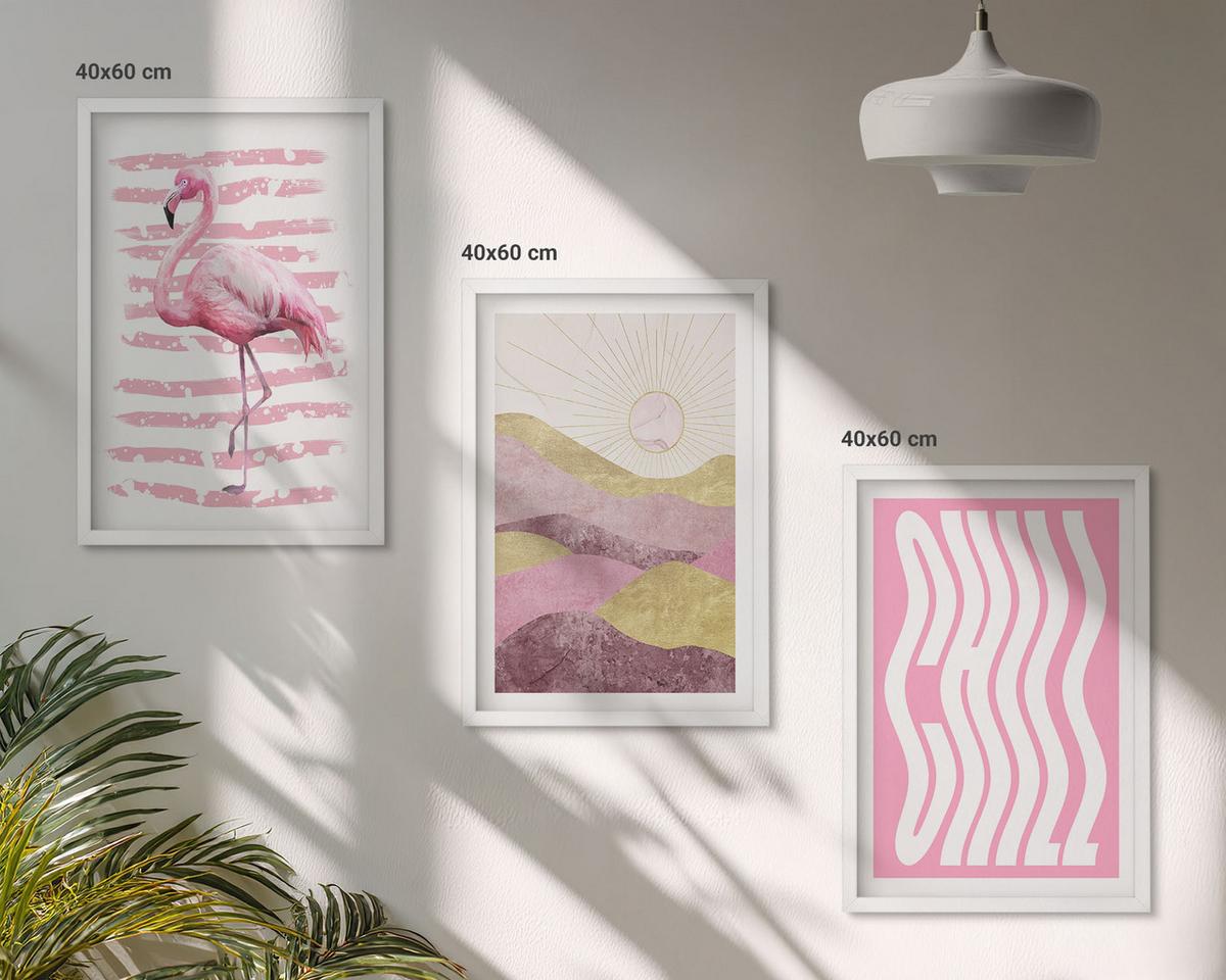 BILDER SET 3er Set - 40x60 cm Weißer Rahmen - Pastelllandschaft mit rosa Flamingos - Weiß, Kunststoff (40/60cm) - TULUP