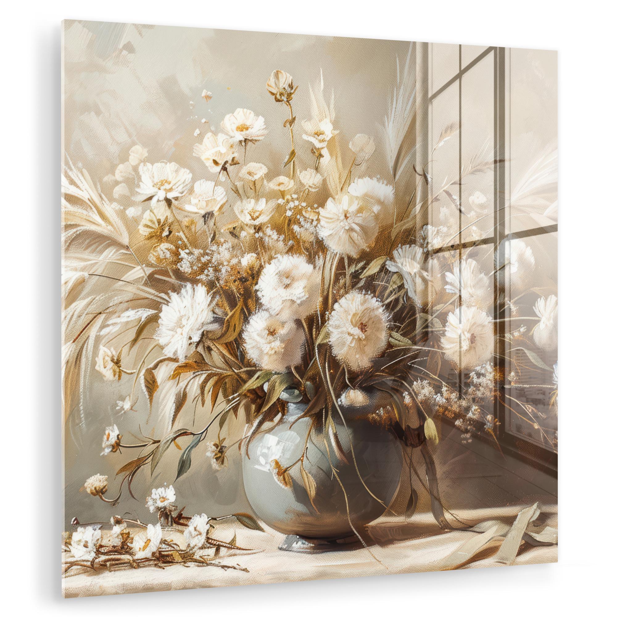 ACRYLGLASBILD Blumen - Vase - Stilleben - Beige 90x90 cm - Creme, Glas (90/90cm) - MuchoWow