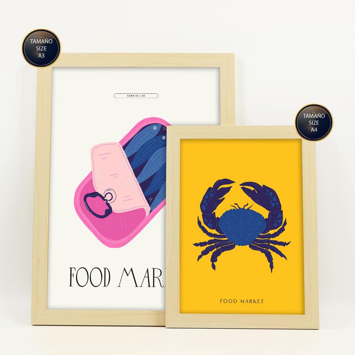 POSTER Set Mit 6 Lebensmittel Und Ernährungs Meeresfrüchte Natur Und Botanikdrucke Für Innenarchitektur A3 & A4 Rahmen Aus Hellem Holz - Beige, Papier (29/3cm) - Nacnic