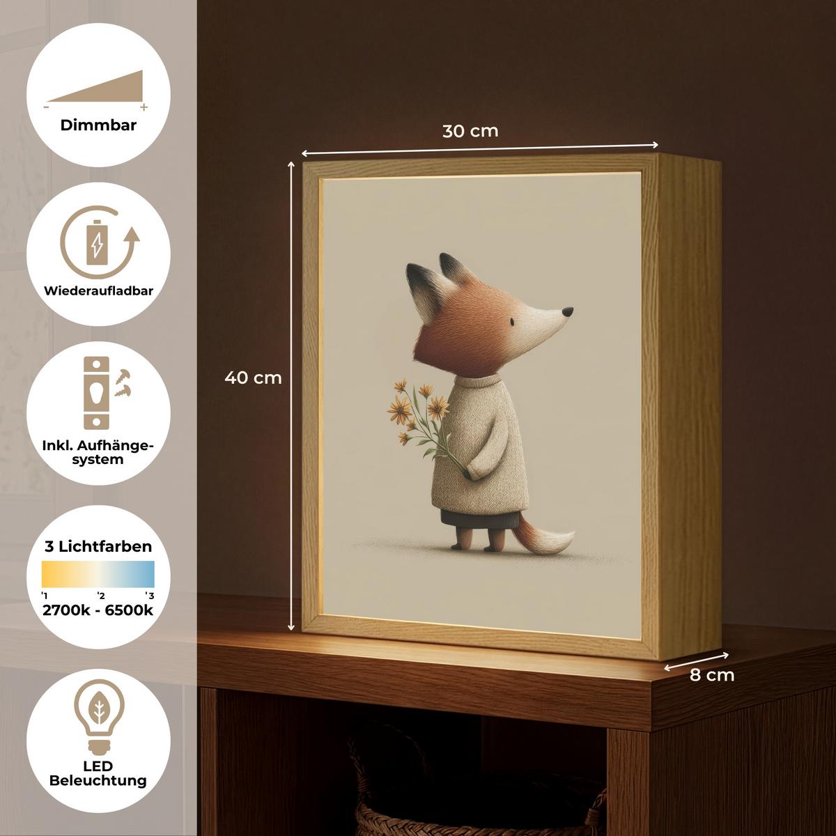 NACHTTISCHLAMPE MIT AKKU Fuchs - Gelbe Blumen - Minimalistisch 30x40 cm - Taupe, Holzwerkstoff (8/30/40cm) - OnlyWow