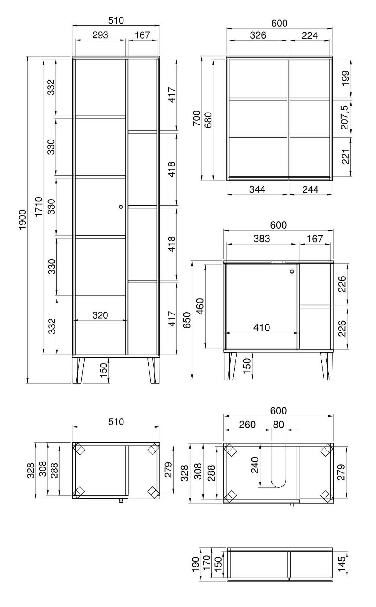 BADMÖBEL-SET 3-teilig grau, Evoke Eiche, Badkombination 121 x 190 cm - Eichefarben/Grau, Glas/Holzwerkstoff (121/190/33cm) - Furn.Design