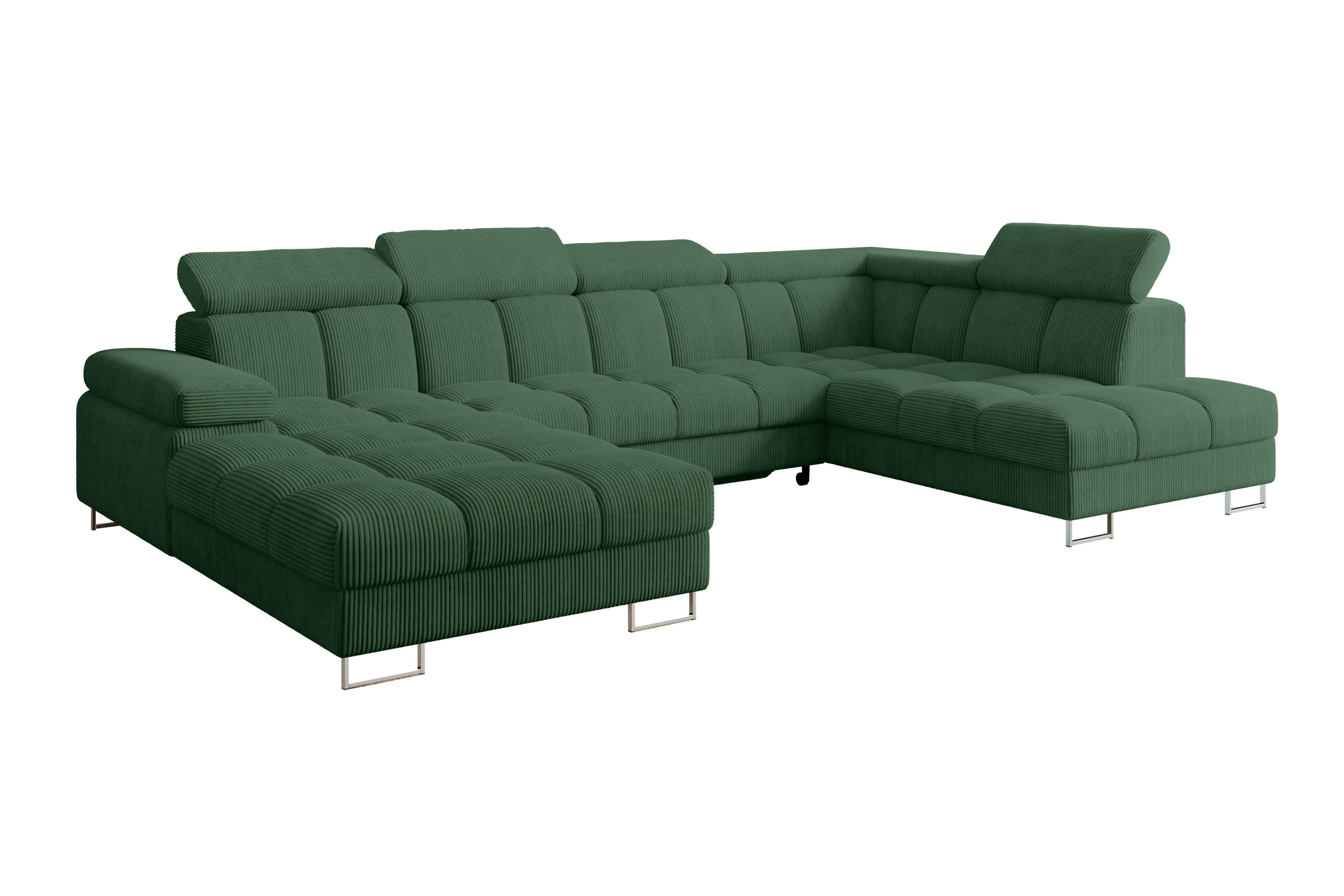 WOHNLANDSCHAFT mit Schlaffunktion und Bettkasten Ottomane RECHTS COMA U 345x203x79 Grün Cord - Waldgrün, Holzwerkstoff/Textil (203/79/345cm) - ALTDECOR