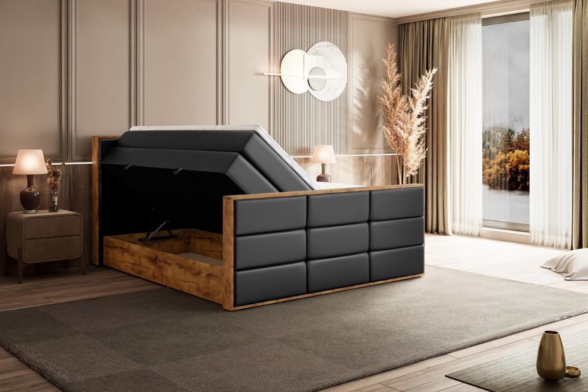 BOXSPRINGBETT mit Matratze H3|H4 und Lattenrost - LOLLI1-Z KING-180x200 - Schwarz Kunstleder - Schwarz, Holzwerkstoff (180/200cm) - ALTDECOR