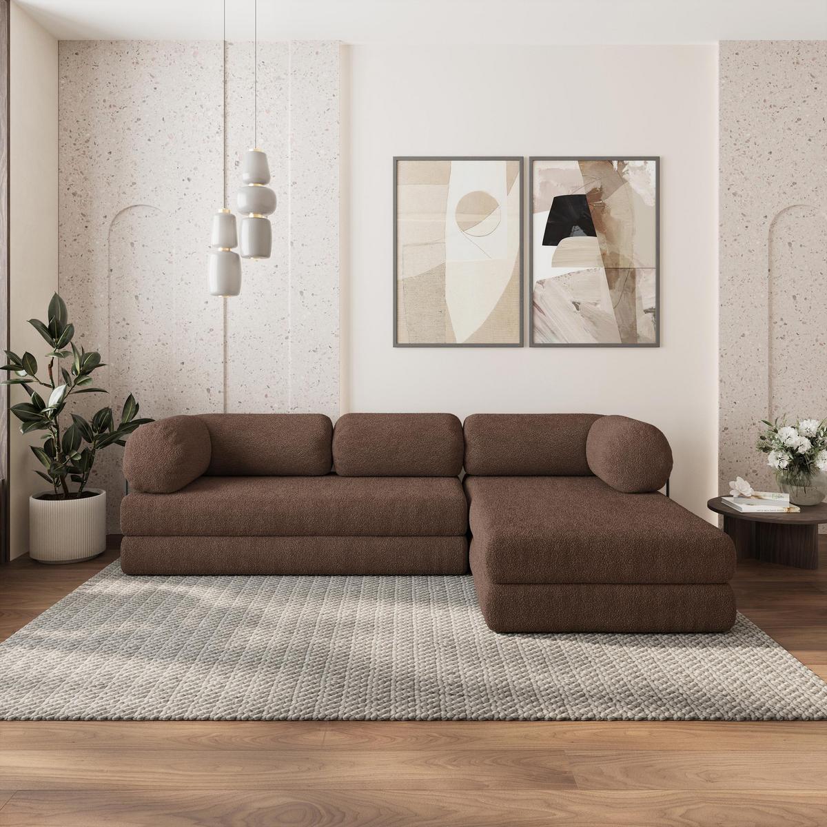 ECKSOFA KELI modulares Boneless Sofa mit Schlaffunktion Braun Boucle-Stoff - Braun, Textil (270/160cm) - MASSENO